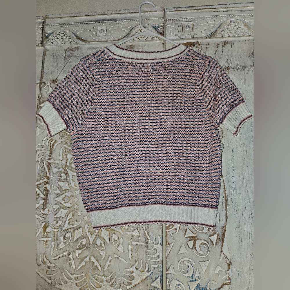 Womens Striped Print Rib Knit Short Sleeve Crop Retro Look Lg - Picture 2 of 5